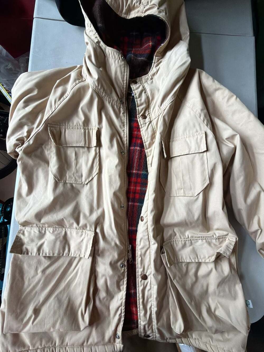 Penfield Trailwear Parka Jacket Size L Beige Plaid Blanket Lined